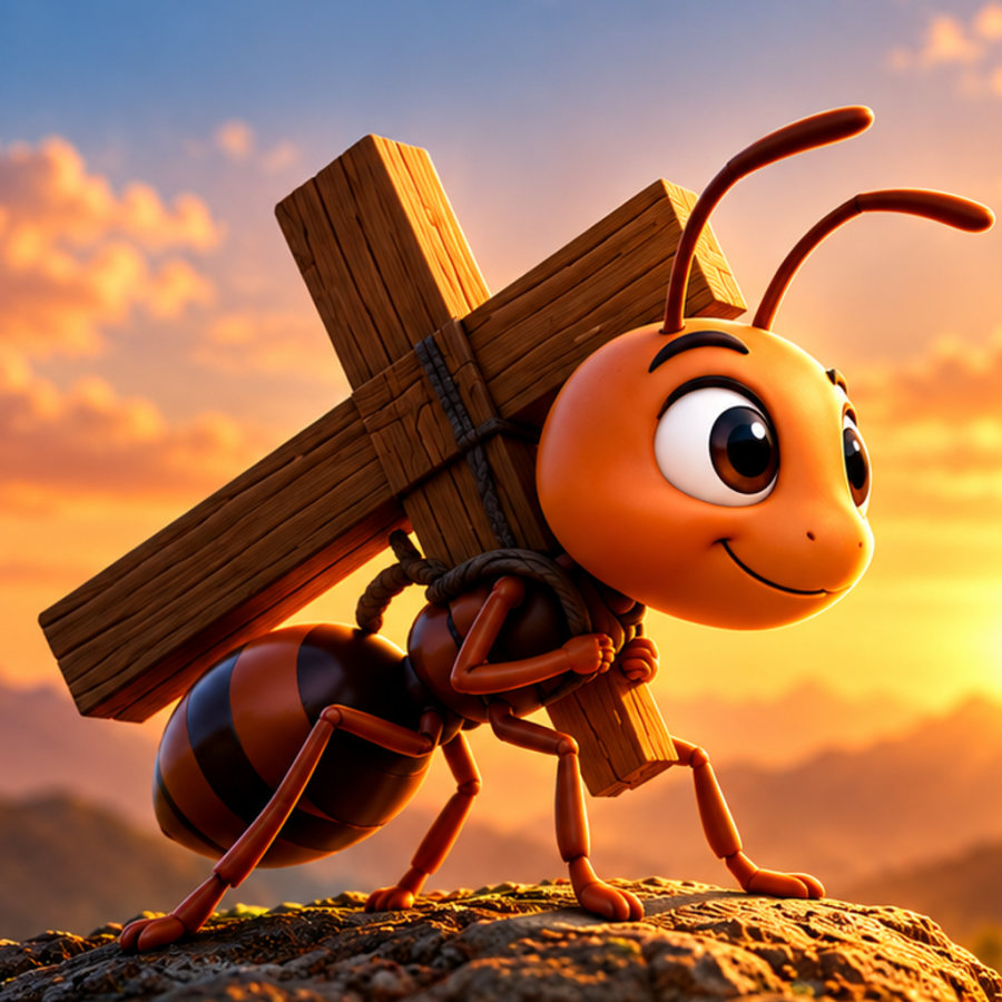 Mascote do Antverse: uma formiga carregando uma cruz no alto de uma montanha ao pôr do sol